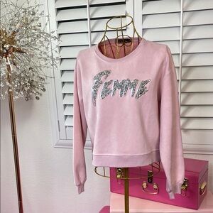 “FEMME” Sequin Graphic Semi Velour Sweatshirt – Blush Pink